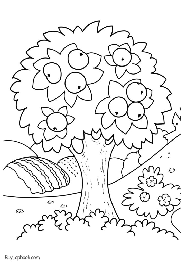 Black-and-white coloring page showing a large tree with round fruit, a textured trunk, flowers, bushes, and rolling hills.
