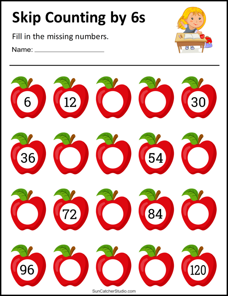 A skip-counting worksheet with rows of red apples, some labeled with numbers from 6 to 120 and others left blank for students to fill in.