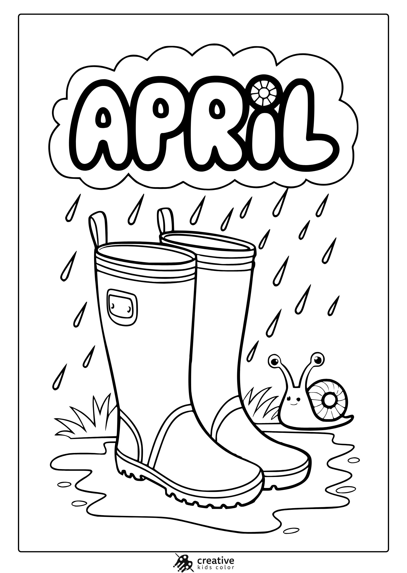 Coloring page featuring the word “April” above rain boots in a puddle, falling raindrops, grass, and a snail.