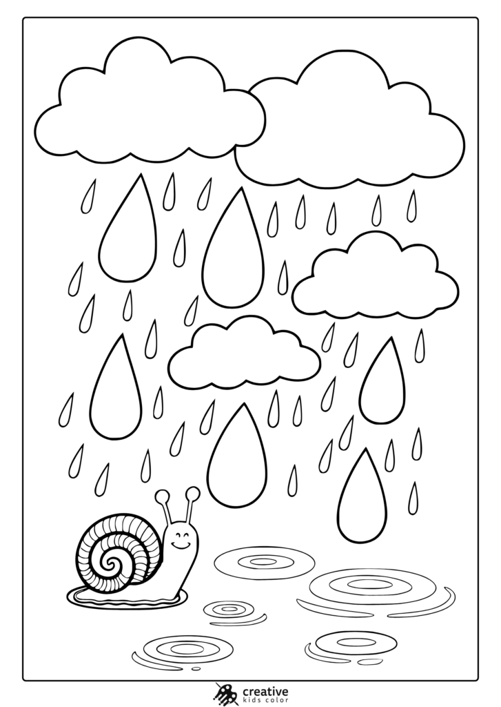A coloring page of rain clouds and falling raindrops, with puddles and a smiling snail at the bottom.