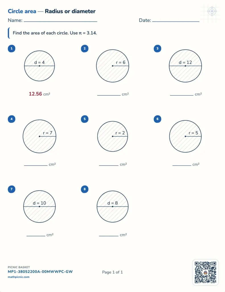 A circle-area worksheet with eight diagrams labeled by radius or diameter, answer lines in square centimeters, and π = 3.14 instructions.