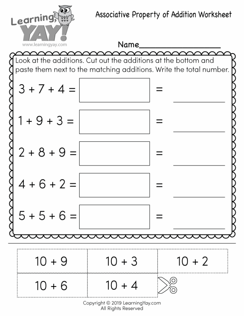An associative property of addition worksheet with five three-number addition problems, blank matching boxes and answer lines, plus cut-out sums at the bottom.