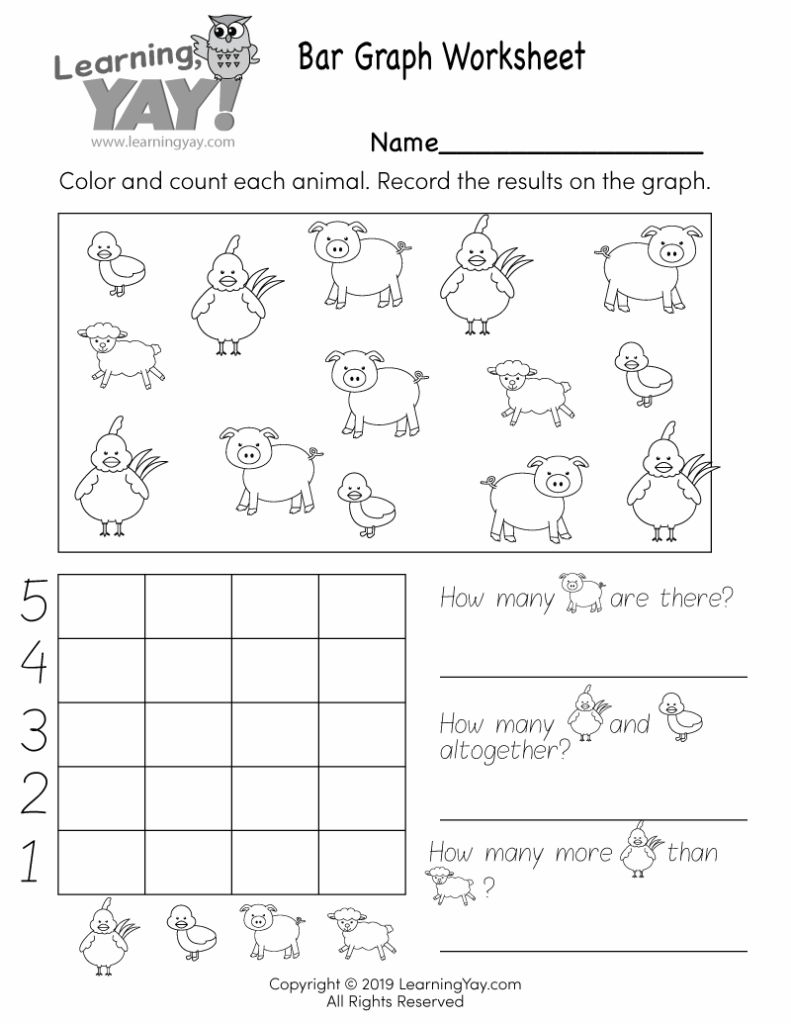 A bar graph worksheet with outlined animal pictures—pigs, chickens, ducks, and sheep—and a blank graph for counting and answering questions.