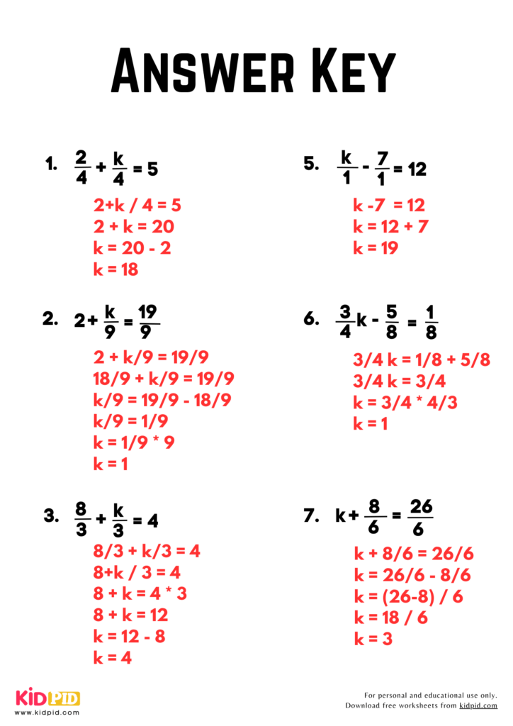 Answer key with worked solutions to seven equations involving fractions and the variable k, with equations in black and step-by-step calculations in red.