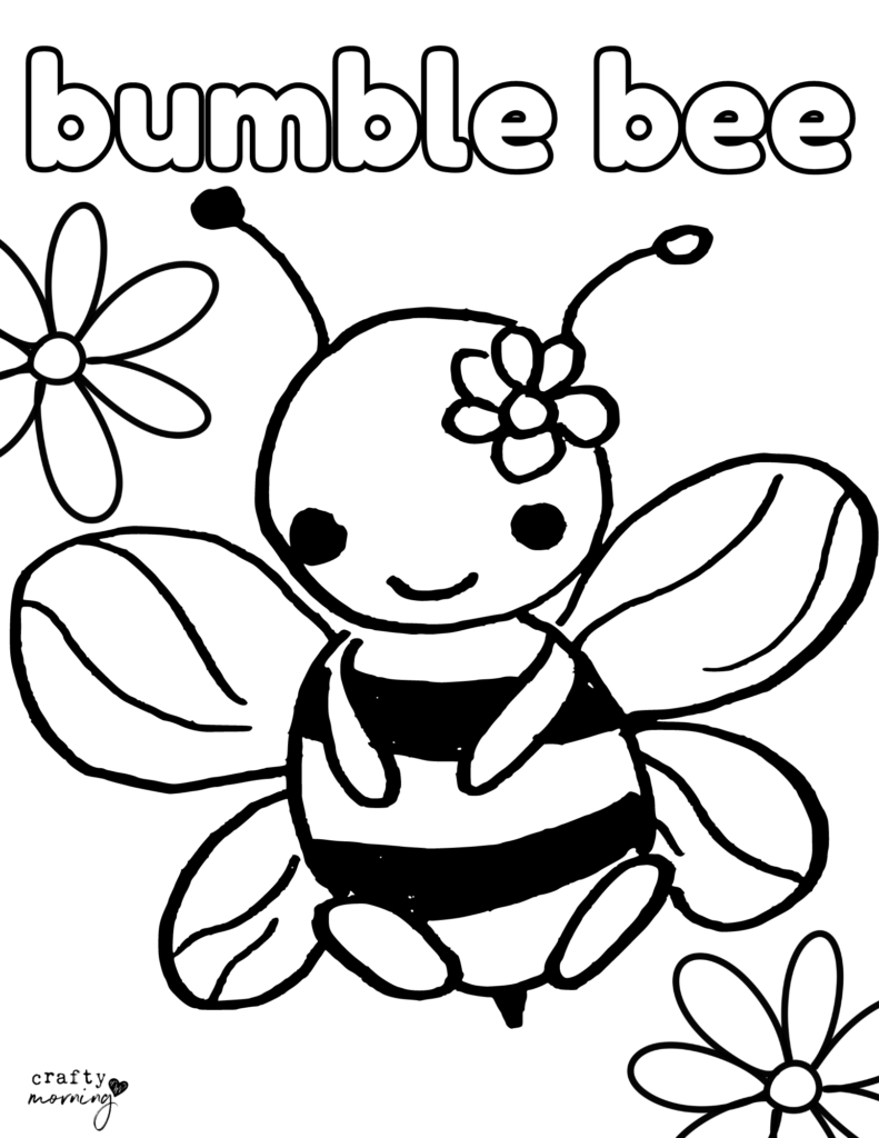 Bumblebee coloring page with a smiling bee, striped body, flower on its head, and surrounding flowers.