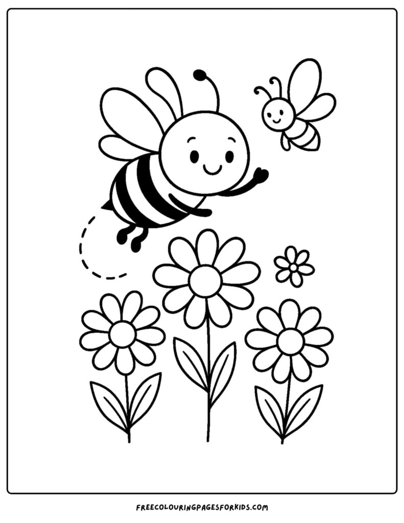 A coloring page with a large striped bee flying above three flowers, a smaller bee nearby, and a dotted flight path.