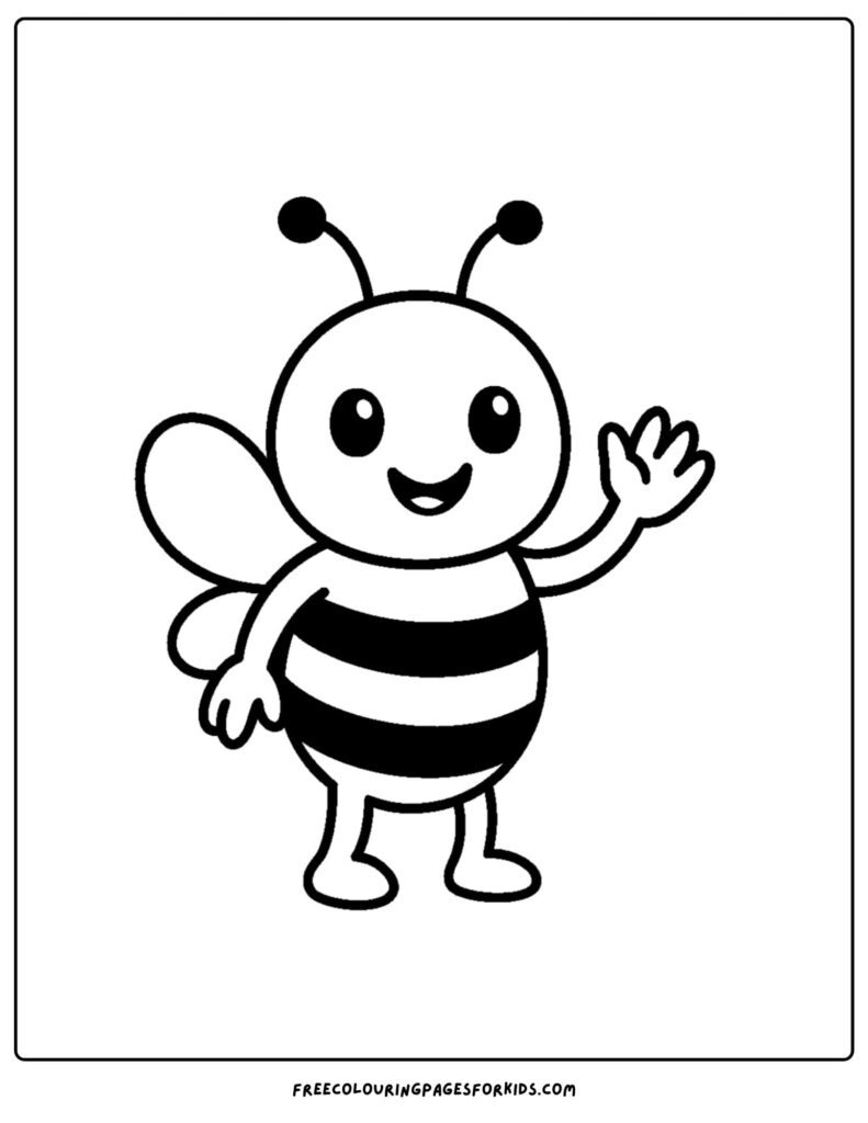 Black-and-white coloring page showing a smiling cartoon bee with striped body, wings, antennae, and one hand raised.