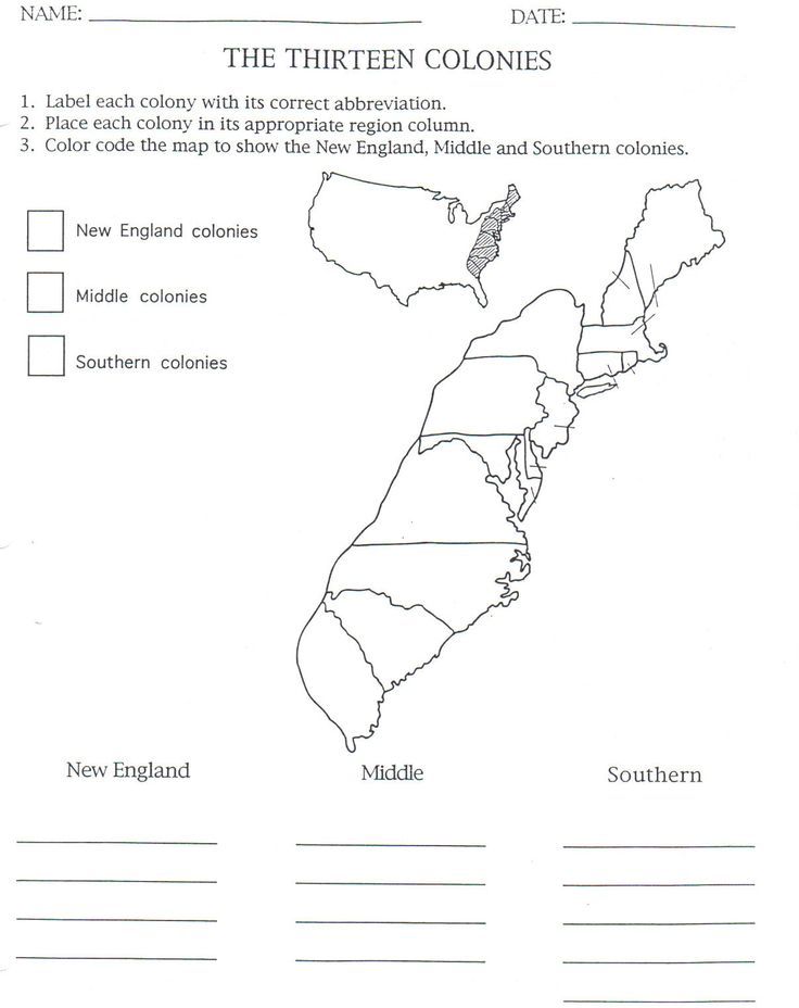 Worksheet titled “The Thirteen Colonies” with instructions to label a map, color-code the regions, and list colonies under New England, Middle, and Southern headings.