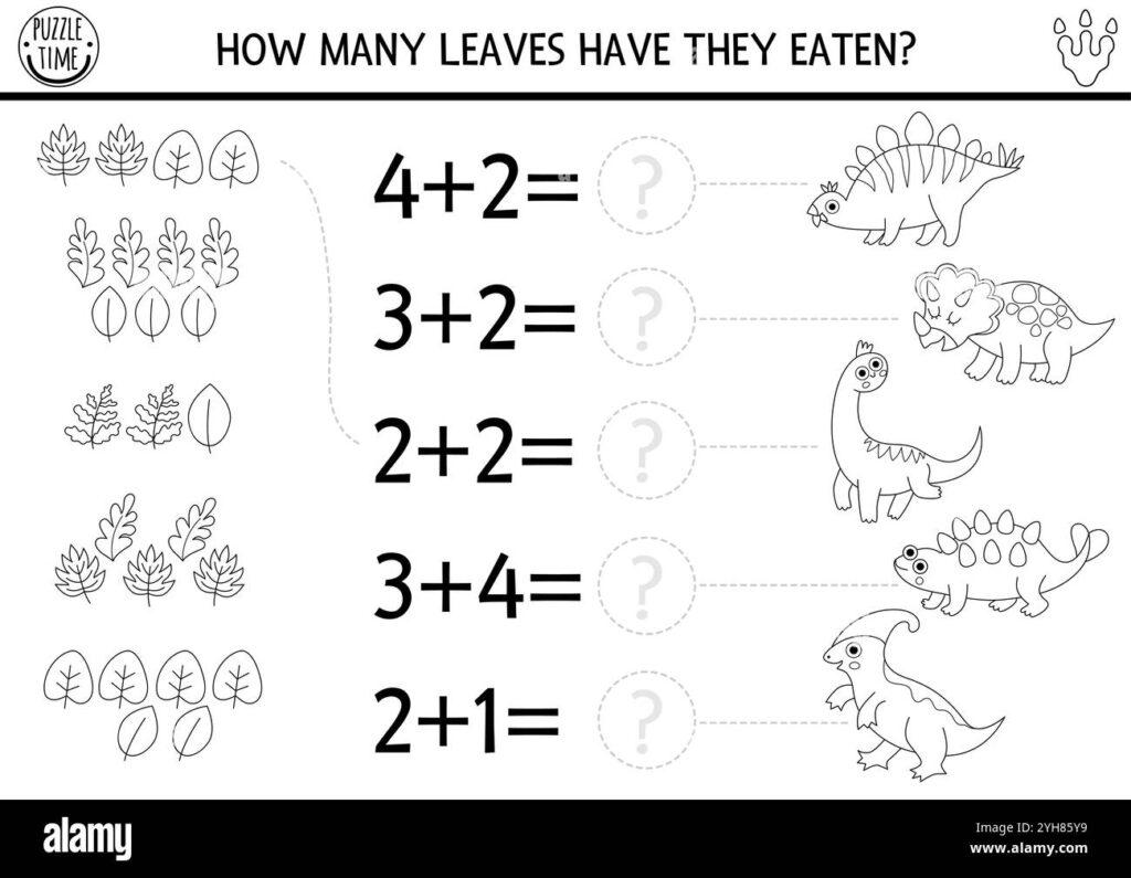 A dinosaur math worksheet asks students to solve addition problems by counting groups of leaves, with each problem linked to a dinosaur illustration.