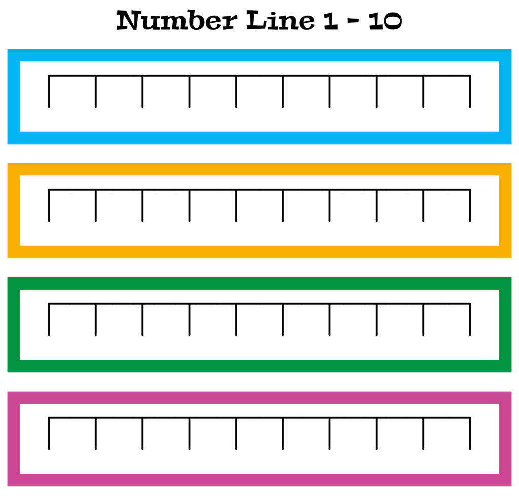 A worksheet titled “Number Line 1 - 10” shows four blank number lines inside blue, orange, green, and pink rectangular borders.