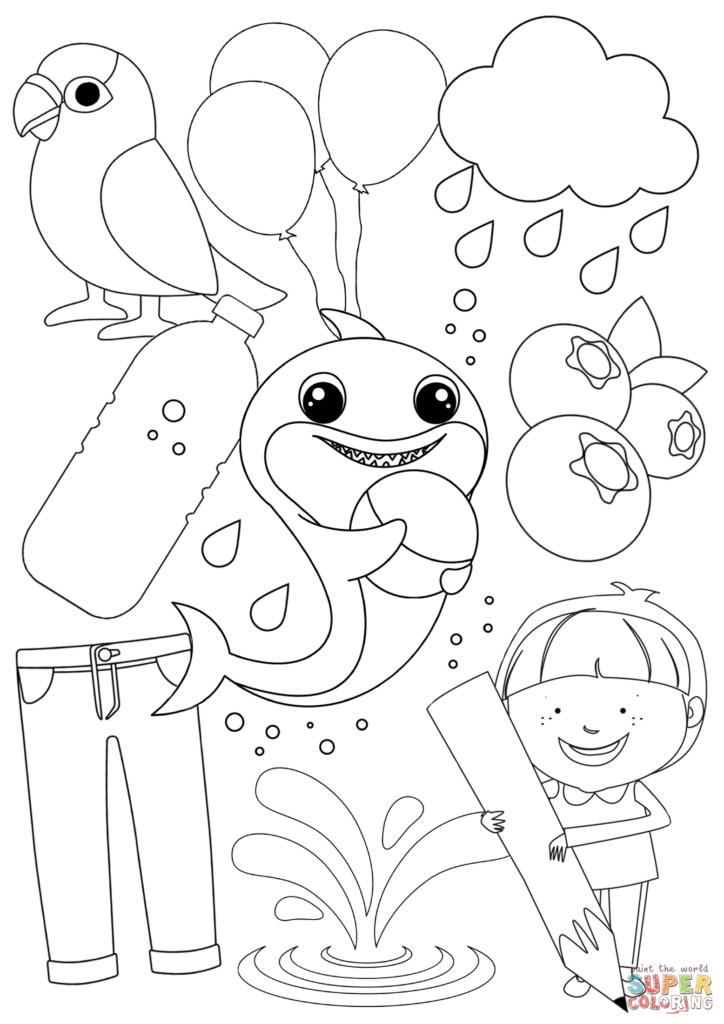 Black-and-white coloring page showing a cartoon child holding a crayon beside a large fish, with a parrot, balloons, clouds, raindrops, and water splashes.