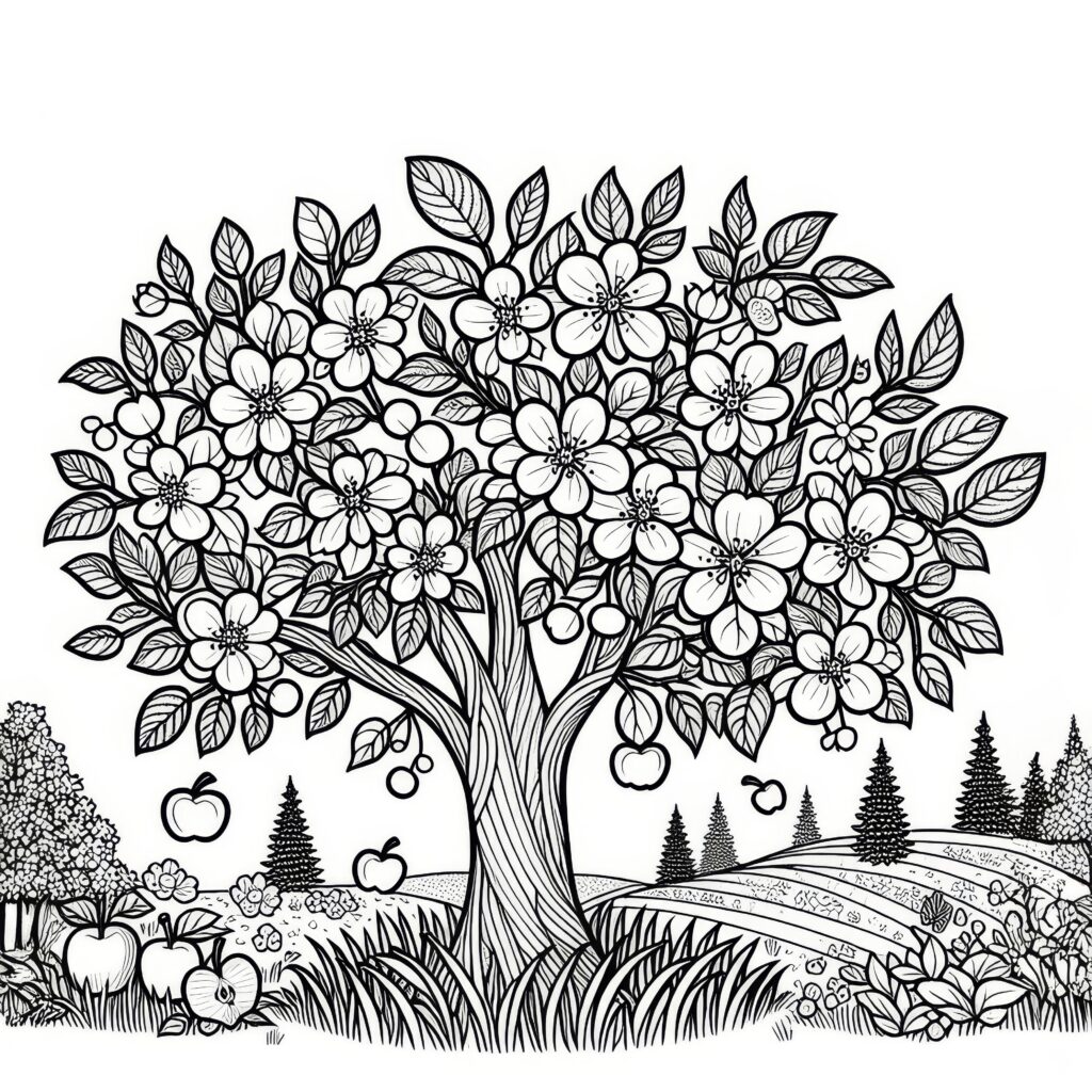 Black-and-white coloring-page illustration of a leafy apple tree bearing blossoms and apples, with grass, rolling fields, and evergreen trees in the background.