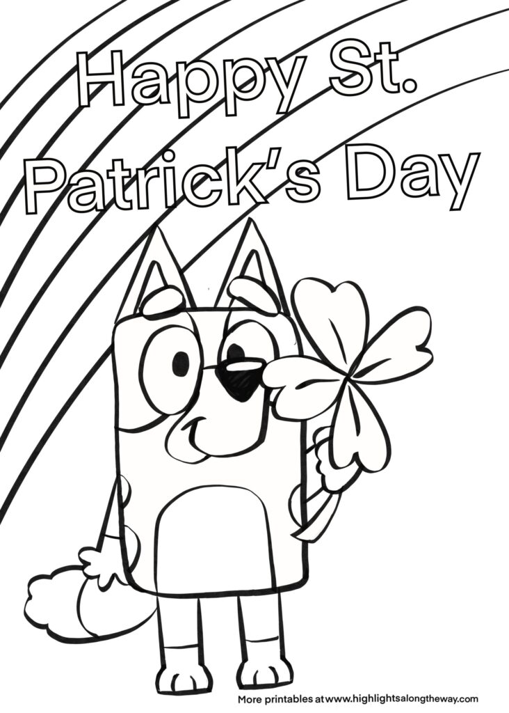 St. Patrick’s Day coloring page showing a smiling cartoon character holding a shamrock beneath a rainbow and greeting text.