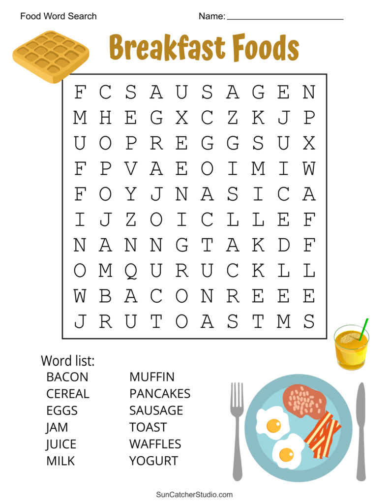A breakfast foods word search worksheet with a letter grid, a list of food words, and illustrations of a waffle, juice, and breakfast plate.