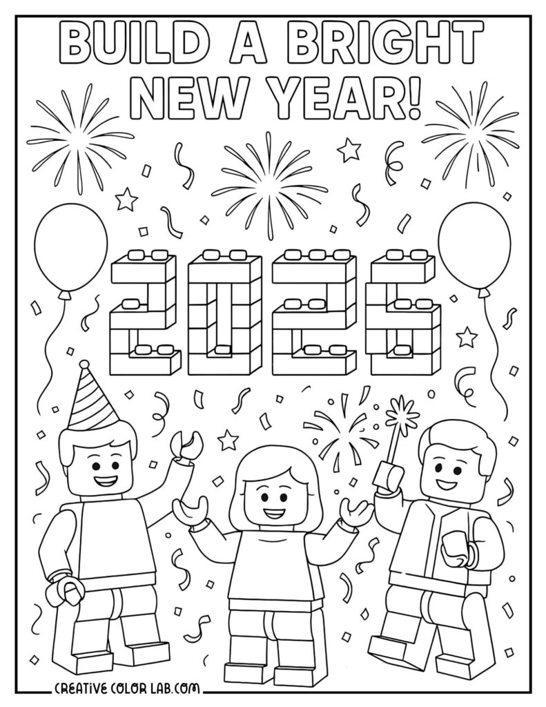 New Year’s coloring page featuring “Build a Bright New Year!”, fireworks, balloons, confetti, block-style numerals, and three celebratory figures.