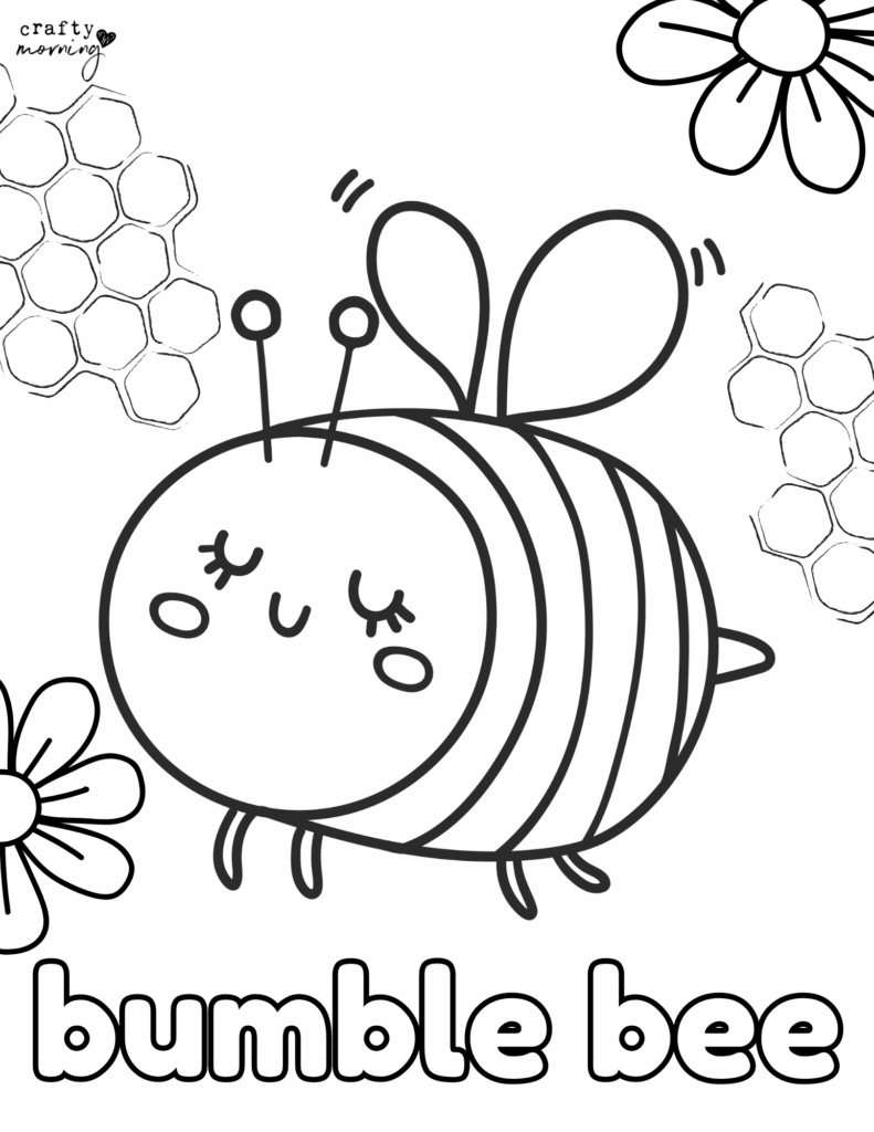 Bumblebee coloring page with a smiling, striped bee, flowers, honeycomb shapes, and the words “bumble bee.”.