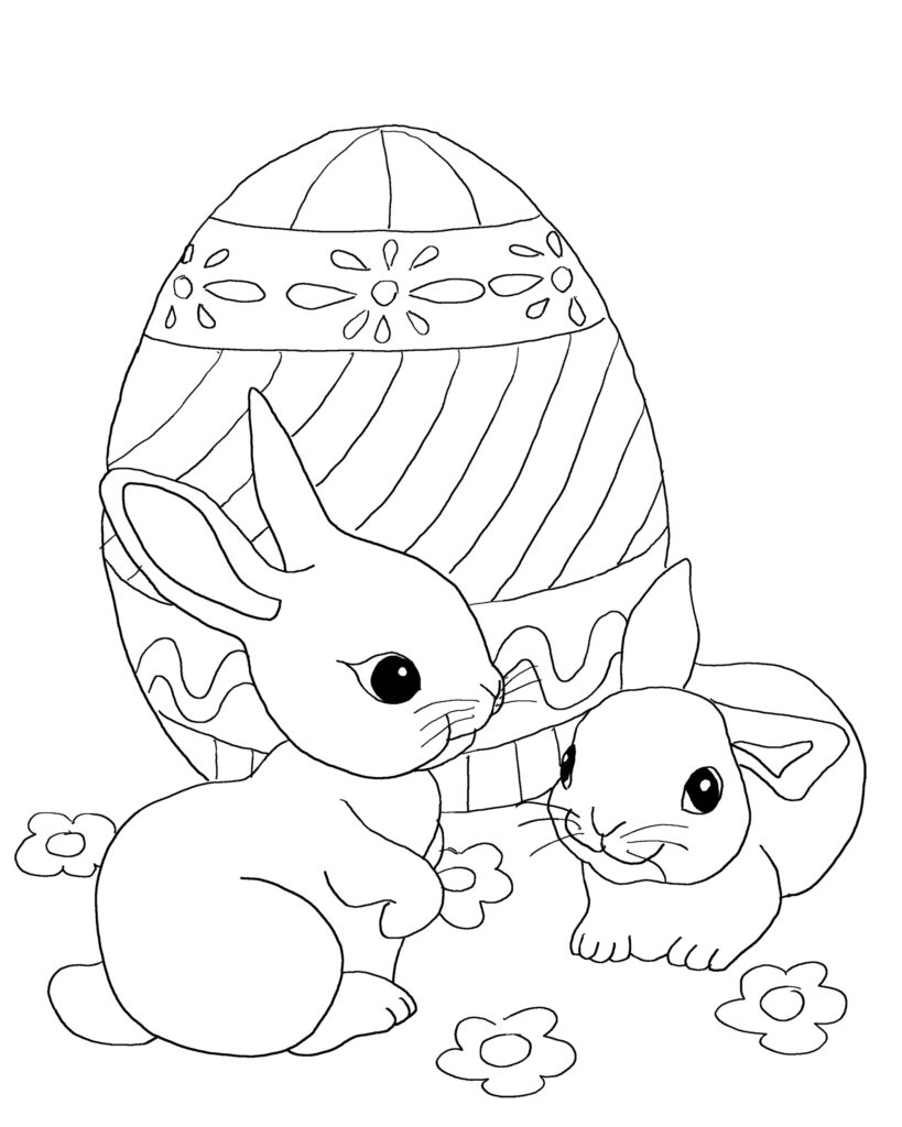 Black-outline coloring page showing two rabbits among flowers in front of a large decorated Easter egg.