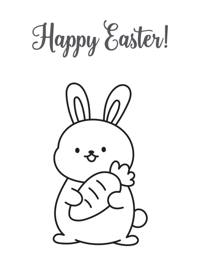 Black-and-white Easter coloring page featuring a smiling bunny holding a large carrot beneath “Happy Easter!” lettering.