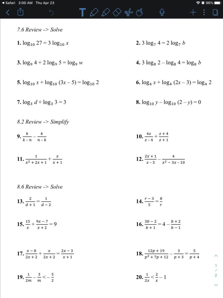 An algebra review worksheet with numbered problems on solving logarithmic and rational equations, simplifying rational expressions, and inequalities.