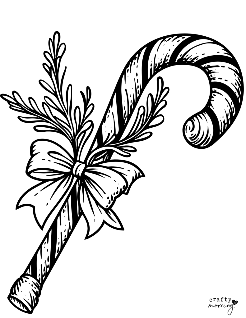 Black-and-white outline illustration of a striped candy cane tied with a bow and leafy sprigs, suitable for coloring.