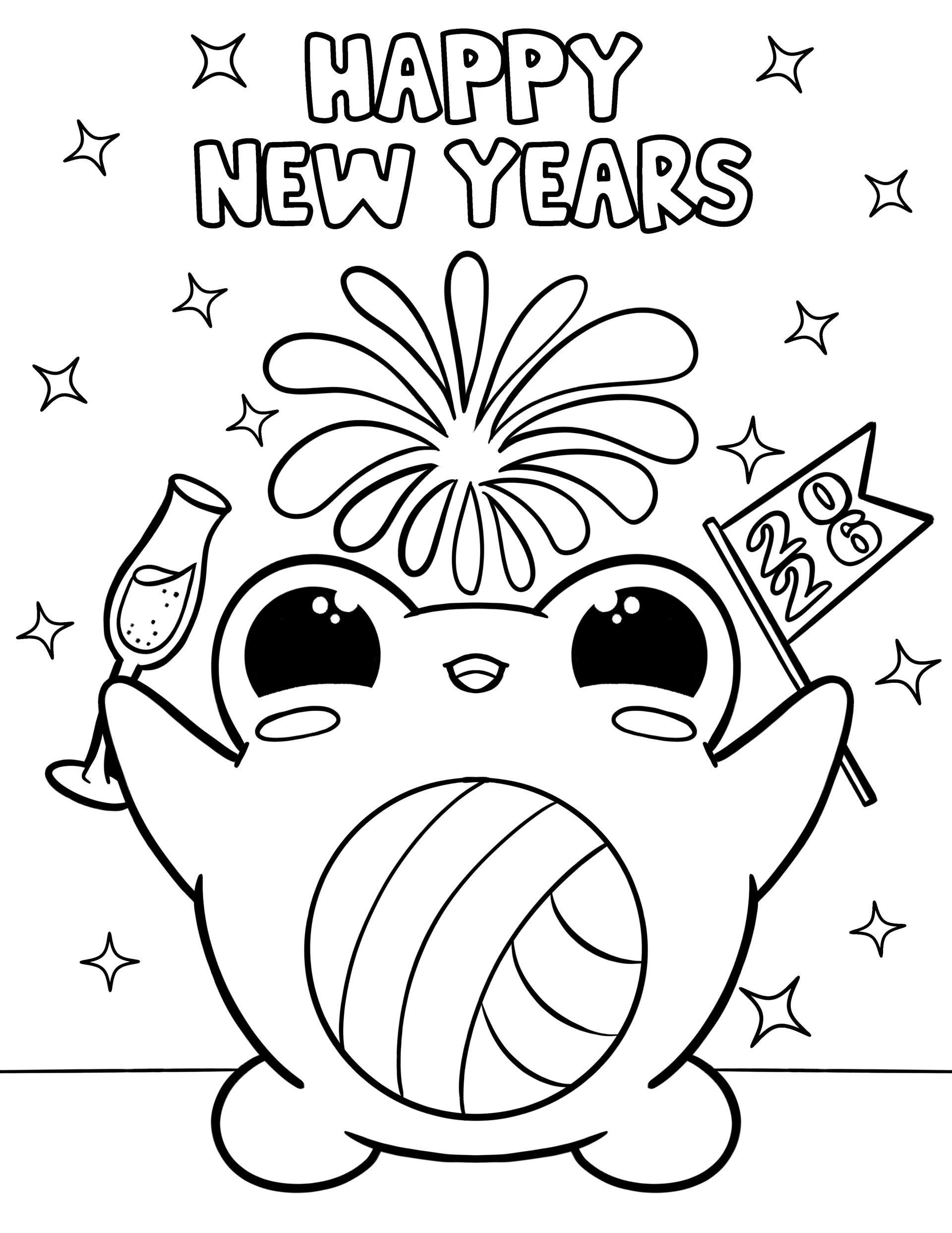 New Year’s coloring page showing a cheerful character holding a party popper and a flag marked 2026, with fireworks and “Happy New Years” lettering.