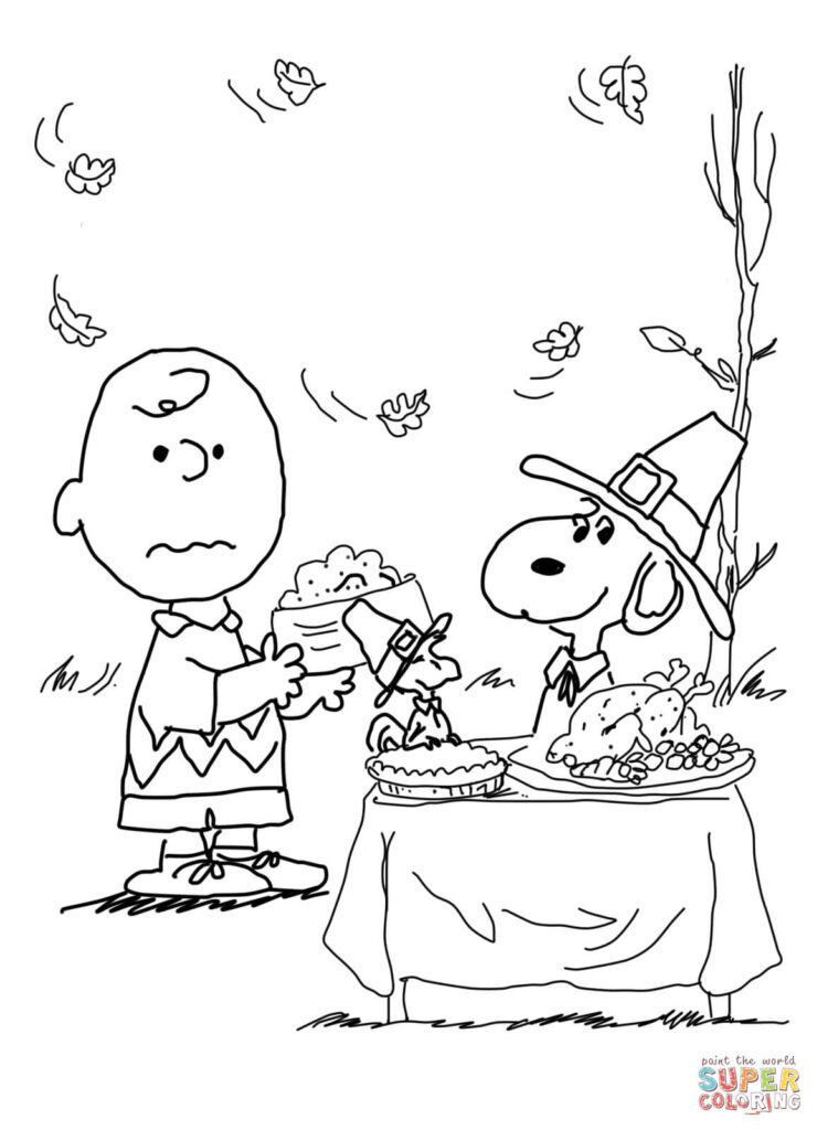 Coloring-page outline of Charlie Brown holding a dish beside Snoopy in a Pilgrim hat at a Thanksgiving table with a roast turkey and falling leaves.