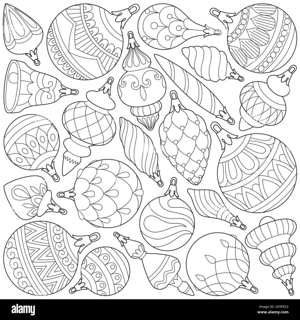 A coloring-page sheet filled with decorative hanging ornaments in varied shapes and patterns, including stripes, scallops, circles, and swirls.