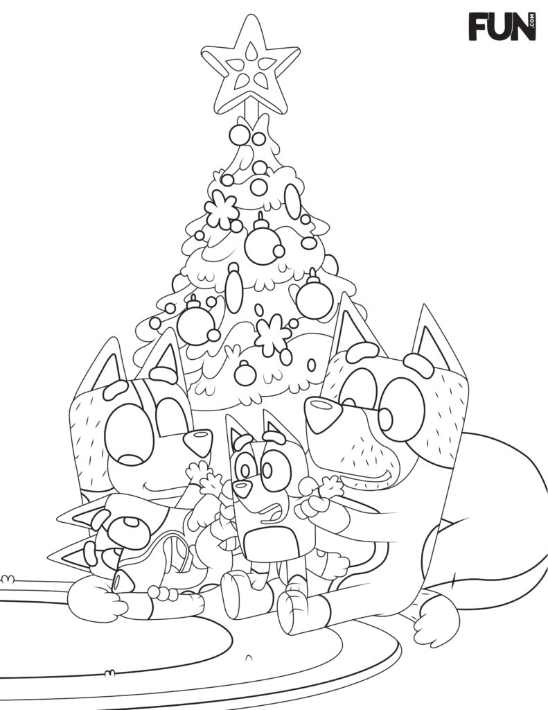 Black-and-white holiday coloring page with cartoon animal characters gathered around a decorated Christmas tree topped with a star.