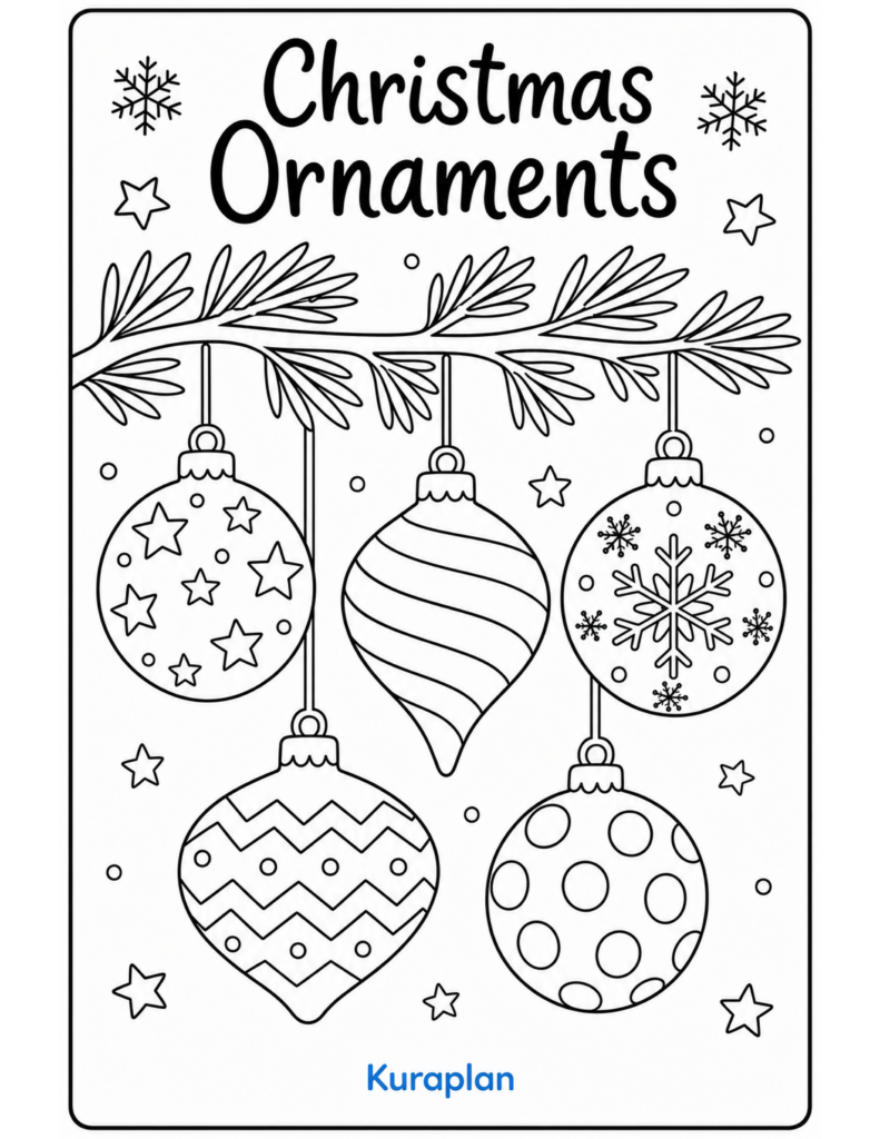 Christmas ornament coloring page with five hanging ornaments decorated with stars, stripes, snowflakes, zigzags, and circles.