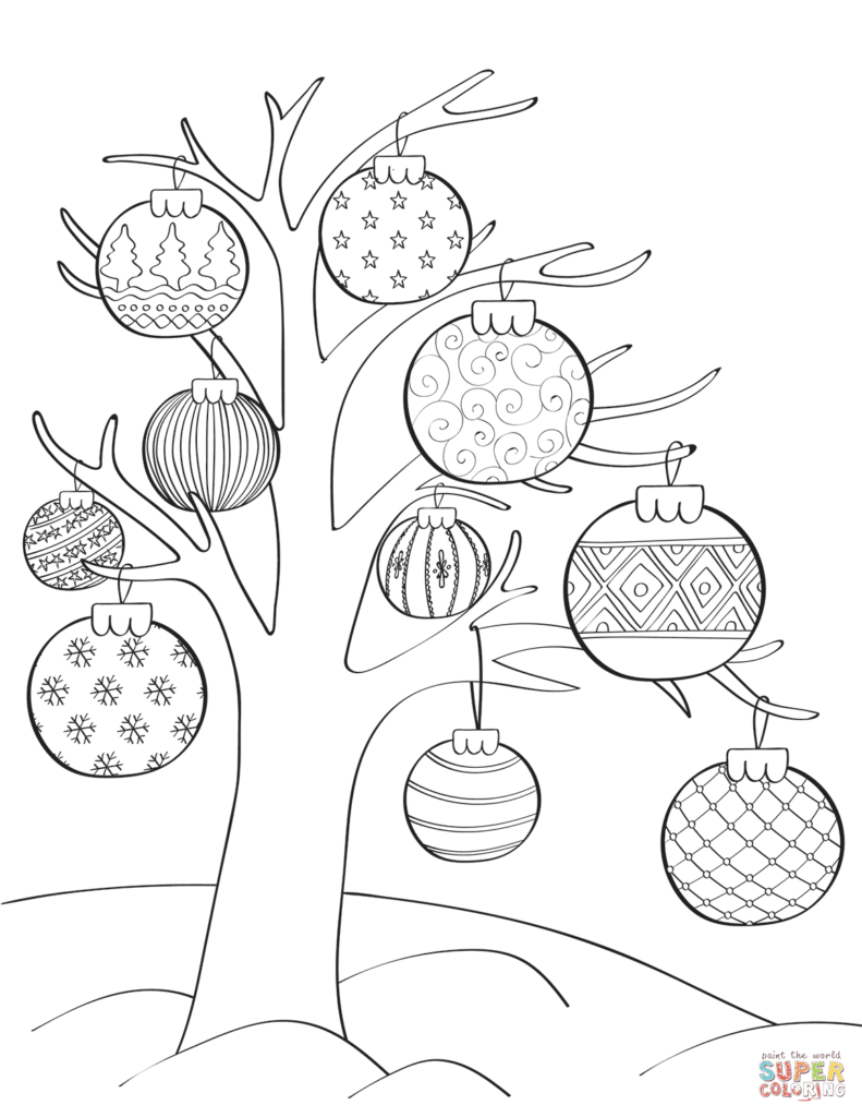 A coloring page of patterned Christmas ornaments hanging from bare tree branches, with snowy hills below.