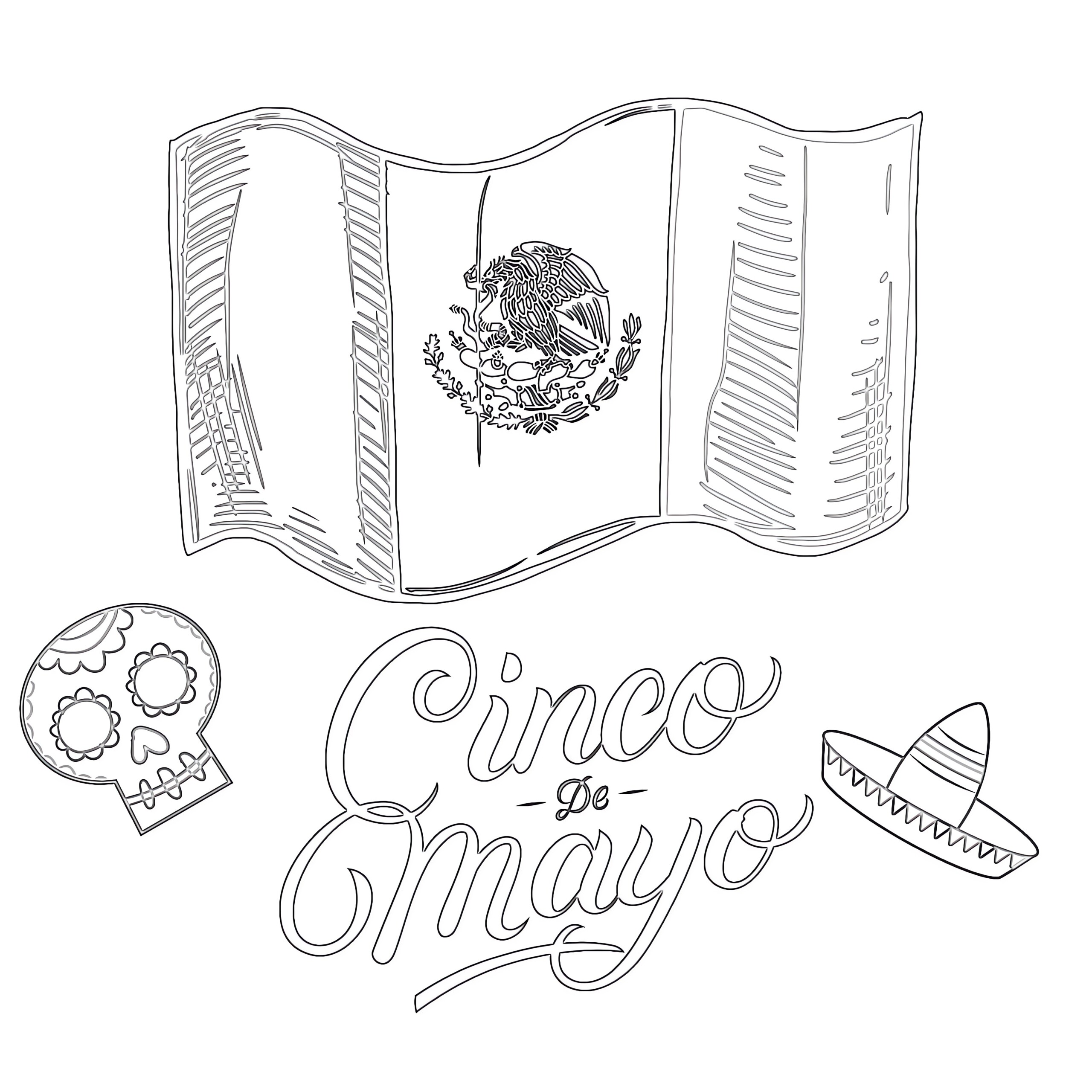 Cinco de Mayo coloring page with decorative lettering, a waving Mexican flag, a sugar skull, and a sombrero.