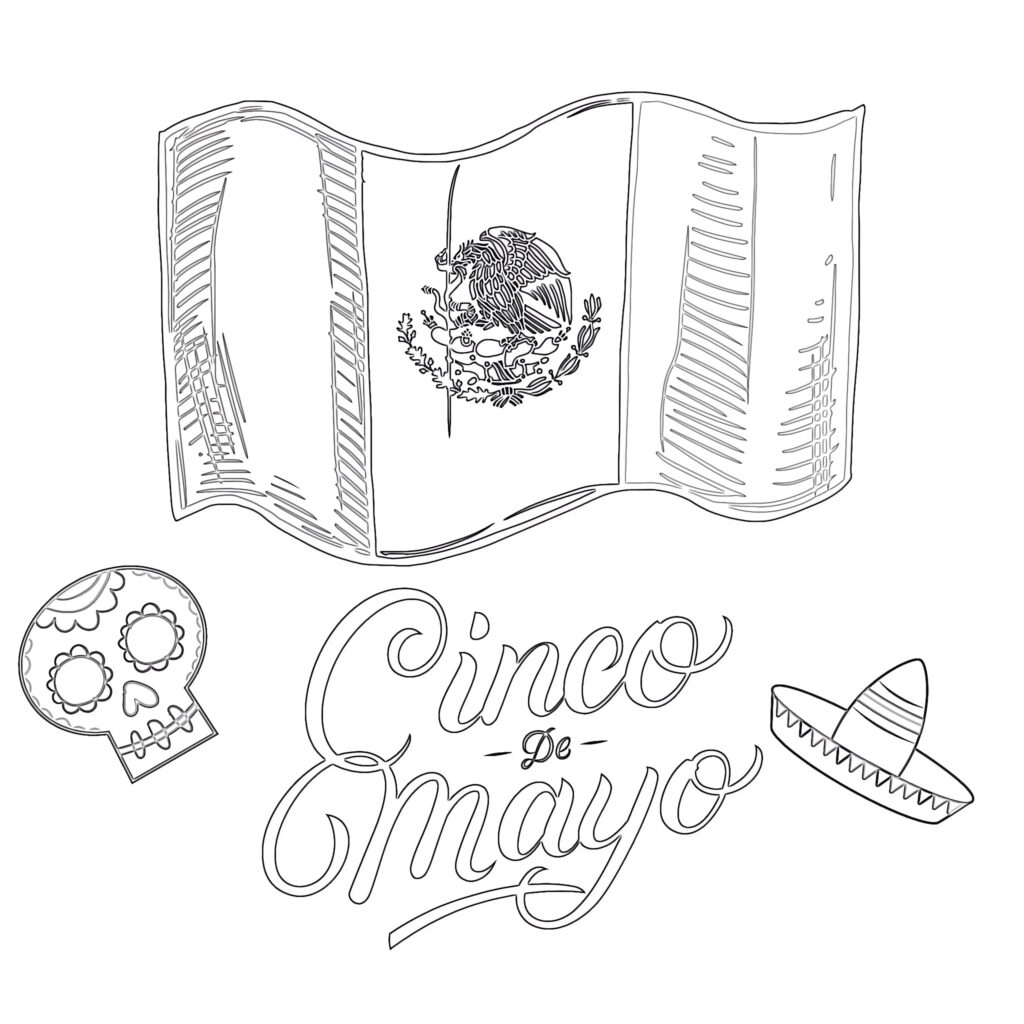Cinco de Mayo coloring page with a waving Mexican flag, decorated sugar skull, sombrero, and large outlined lettering.
