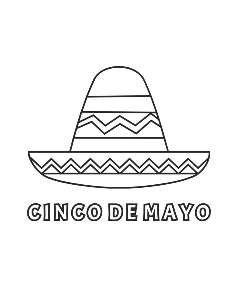 Cinco de Mayo coloring page with a large sombrero decorated with geometric zigzag bands and outlined lettering below.