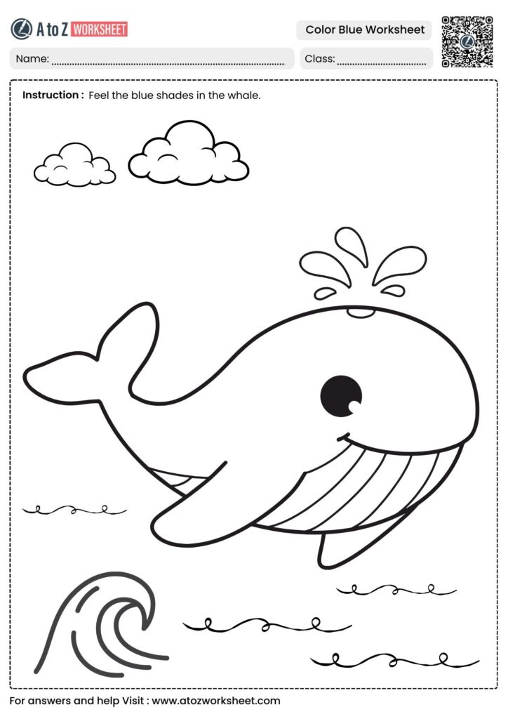 A black-and-white coloring worksheet showing a smiling whale spouting water, with clouds and waves. The instruction says to color the whale blue.