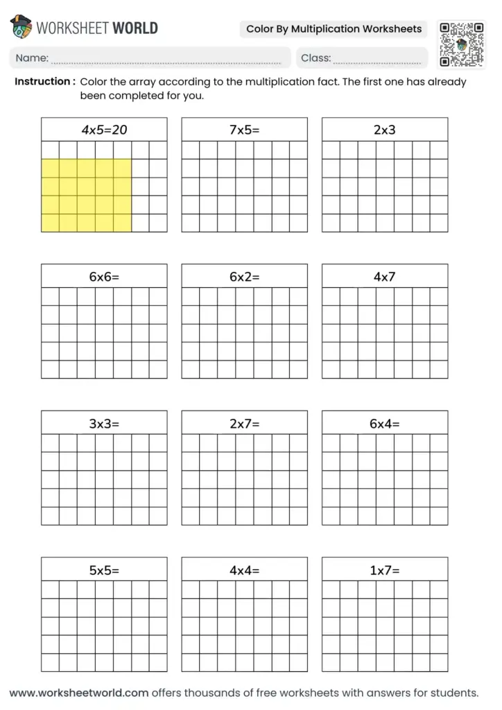 A multiplication coloring worksheet with grids for solving facts such as 7×5, 2×3, and 6×6; the 4×5 array is completed in yellow as an example.