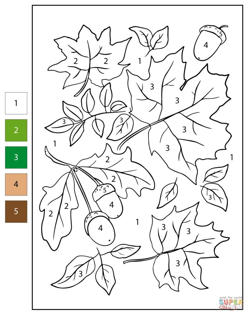 A fall color-by-number worksheet showing outlined leaves and acorns labeled 1 through 5, with a matching five-color key along the left side.