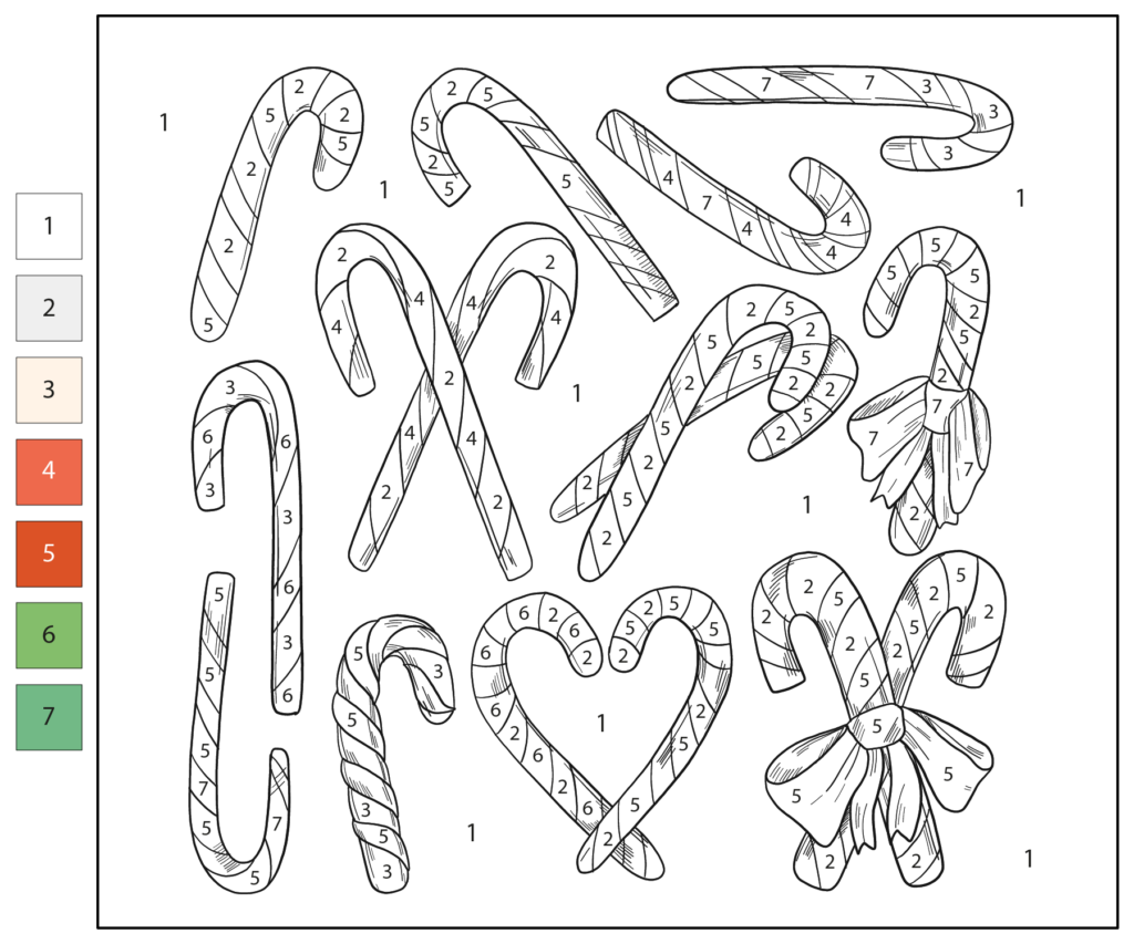 A black-and-white coloring worksheet with several candy canes and a heart-shaped candy cane design divided into numbered sections, alongside a color key.
