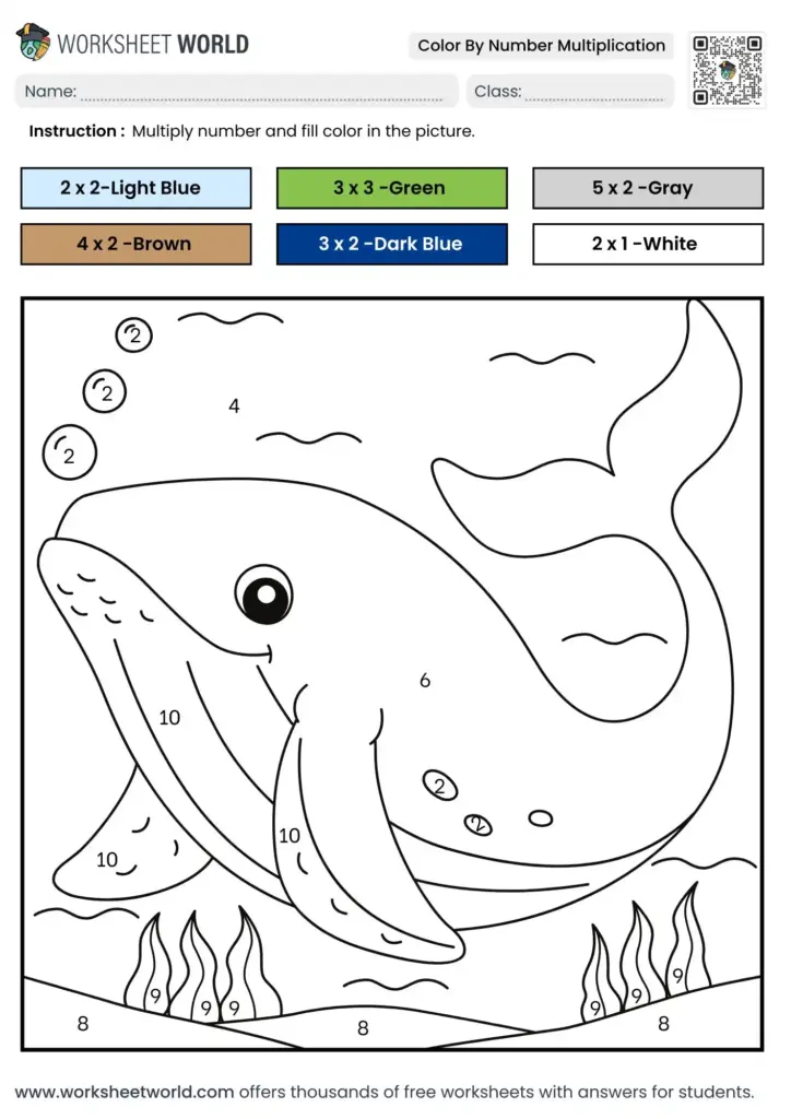 A whale-themed multiplication color-by-number worksheet. Students solve multiplication problems in labeled sections and color them according to the key.