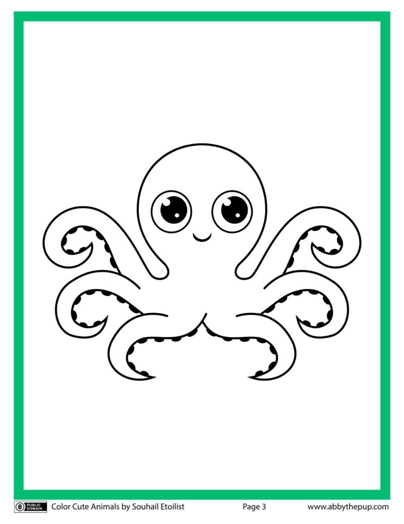 A cute octopus coloring page with large round eyes, a small smile, and curled tentacles outlined in black.