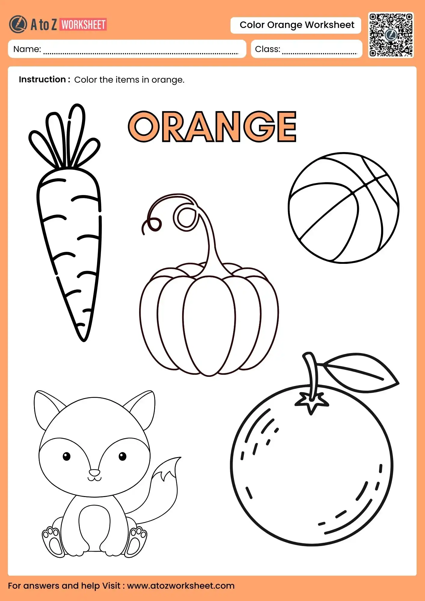Orange coloring worksheet with outline drawings of a carrot, pumpkin, ball, fox, and orange, plus name and class fields.