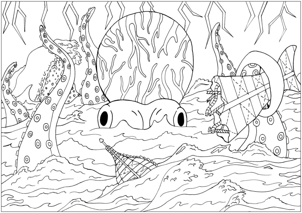 Underwater coloring page with a giant octopus peering above the waves, curling tentacles, sailing ships, and underwater plants.