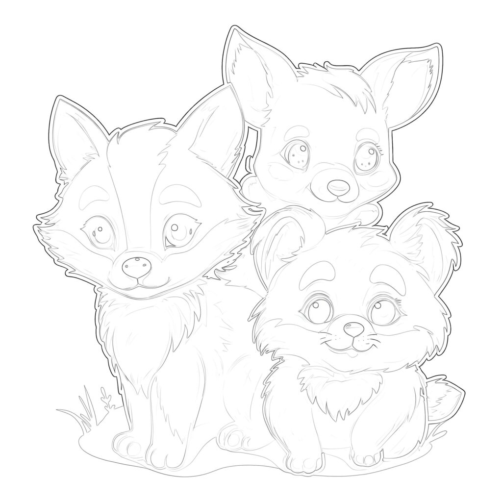 Coloring-page line art of three cute animals: a fox, a large-eared puppy, and a fluffy small dog sitting together.