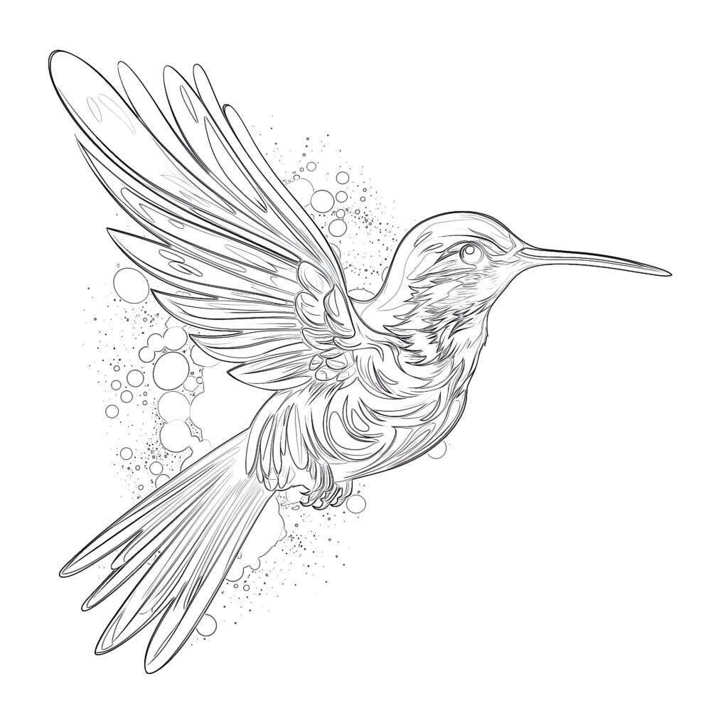 Black-and-white outline illustration of a hummingbird in flight, with long wings and tail feathers spread and decorative bubbles behind it.