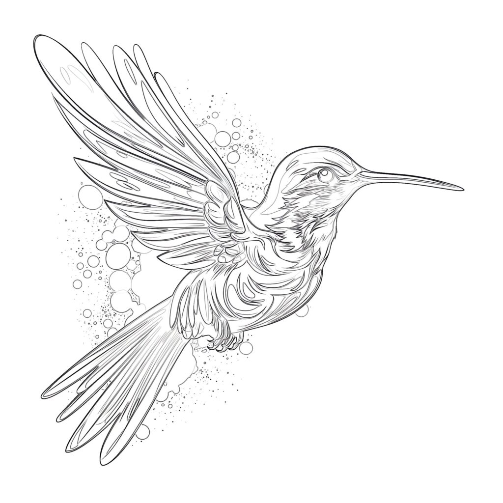 Detailed hummingbird line drawing in flight, with long pointed beak, spread wings and tail, and decorative circles and speckles behind it.
