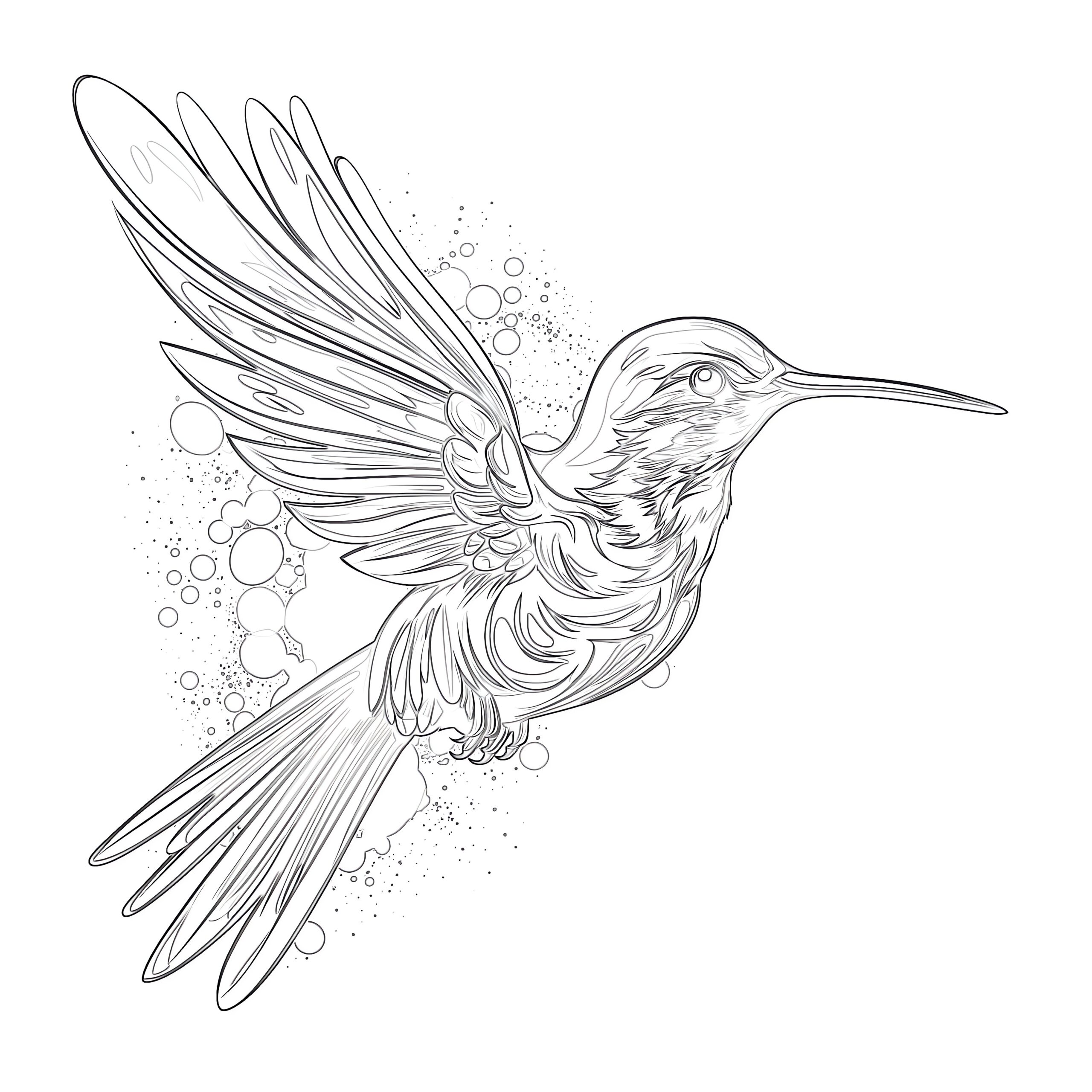 Detailed hummingbird line drawing in flight, with long pointed beak, spread wings and tail, and decorative circles and speckles behind it.