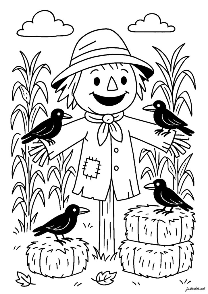 A smiling scarecrow wearing a wide-brimmed hat and patched coat stands among corn stalks, birds, and hay bales, with clouds overhead.
