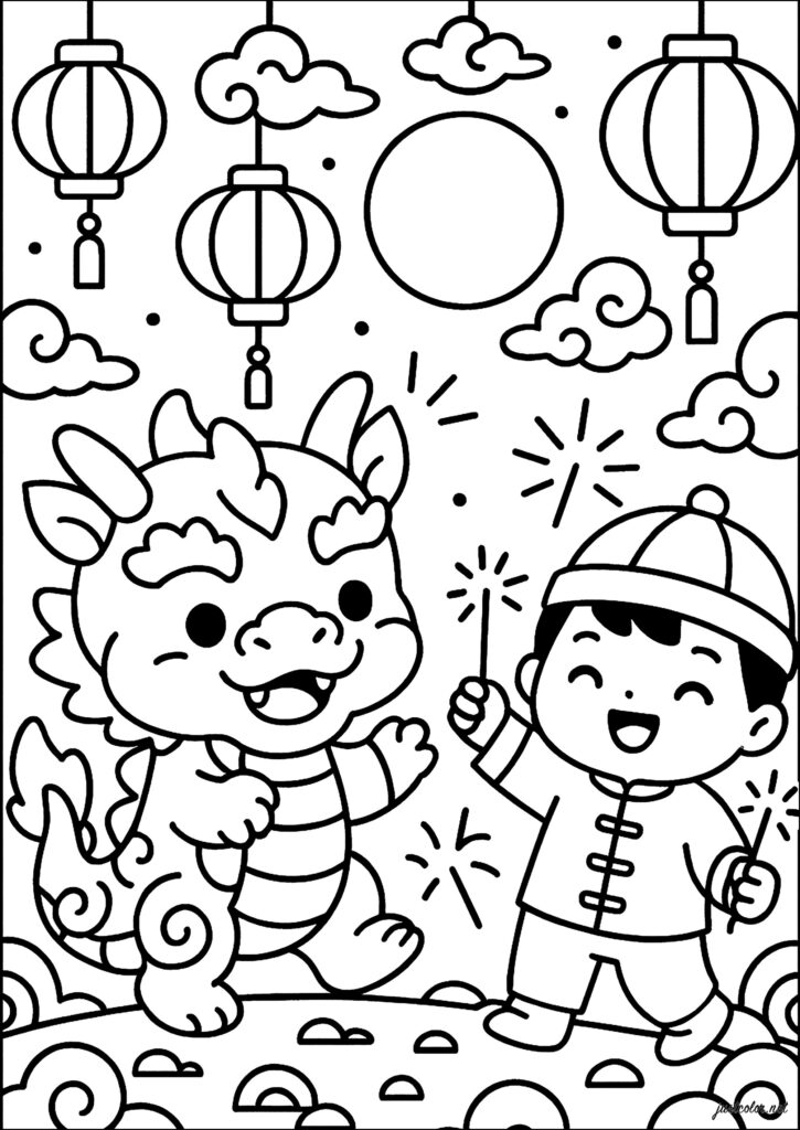 A child and a smiling dragon celebrate with lanterns, sparklers, clouds, and festive decorations in a black-and-white coloring page.