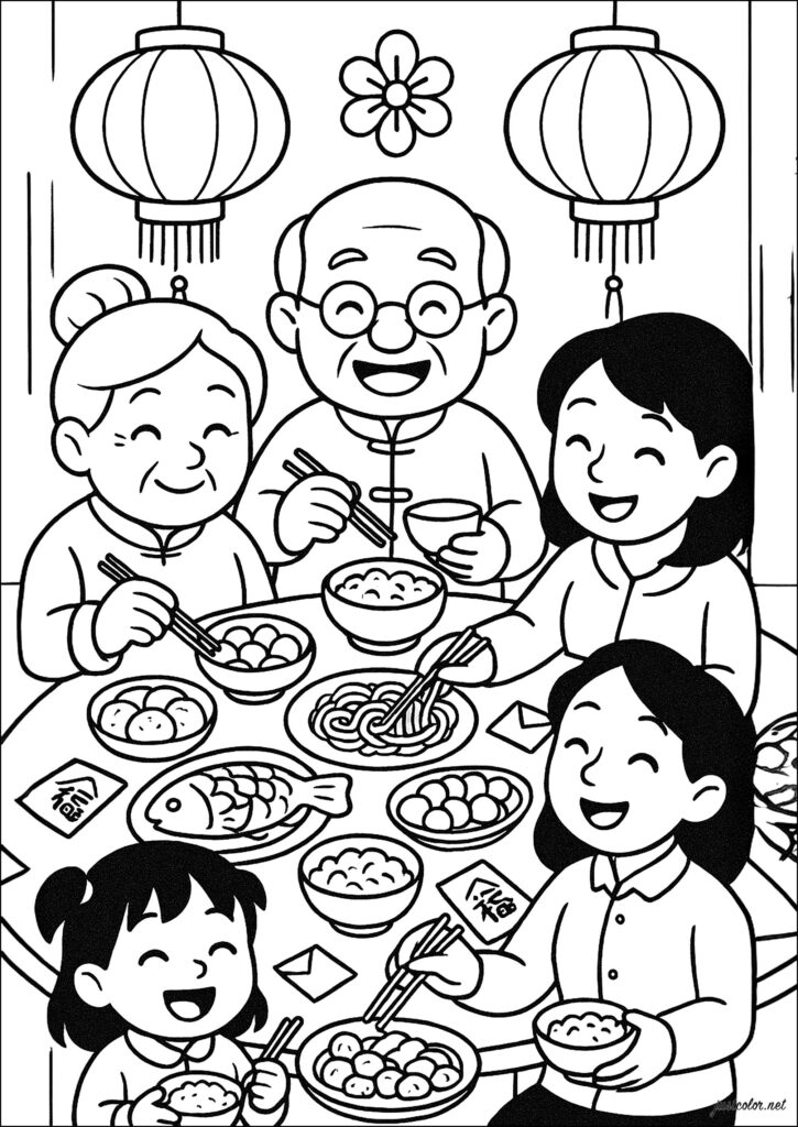 Black-and-white coloring illustration of a family sharing a meal at a table, with hanging lanterns, bowls, chopsticks, dumplings, and fish.