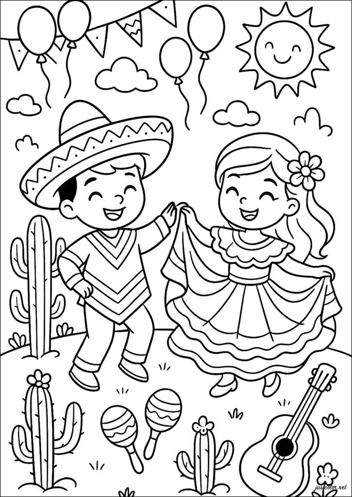 A boy and girl dance beneath balloons and a smiling sun, surrounded by cacti, maracas, and a guitar. Their clothing features decorative patterns, and the page is drawn in bold, uncolored outlines.