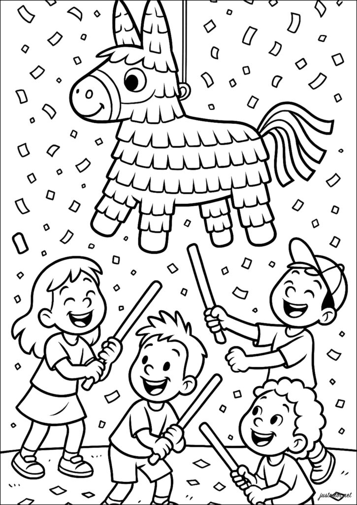 Coloring page showing four children celebrating beneath a donkey piñata, surrounded by confetti.